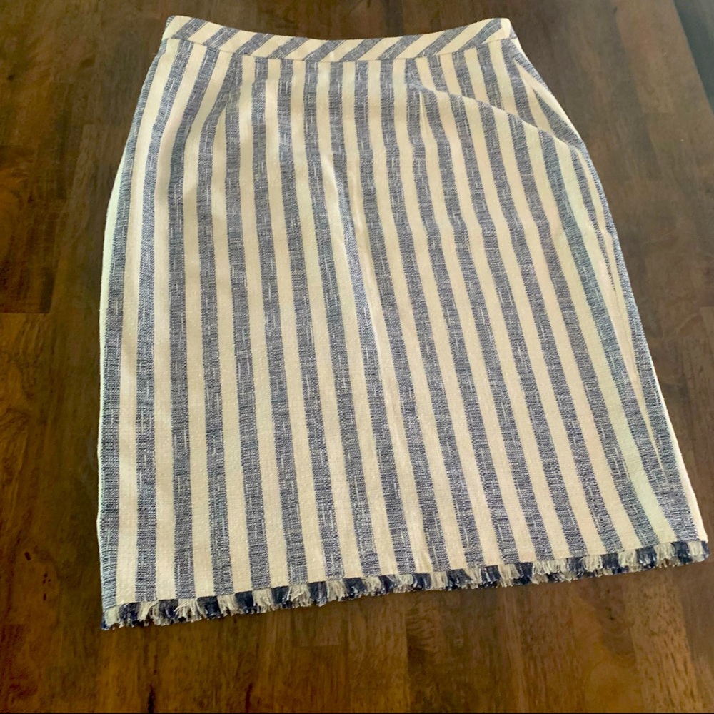 White and Blue Striped Tweed Midi Skirt with Slit
